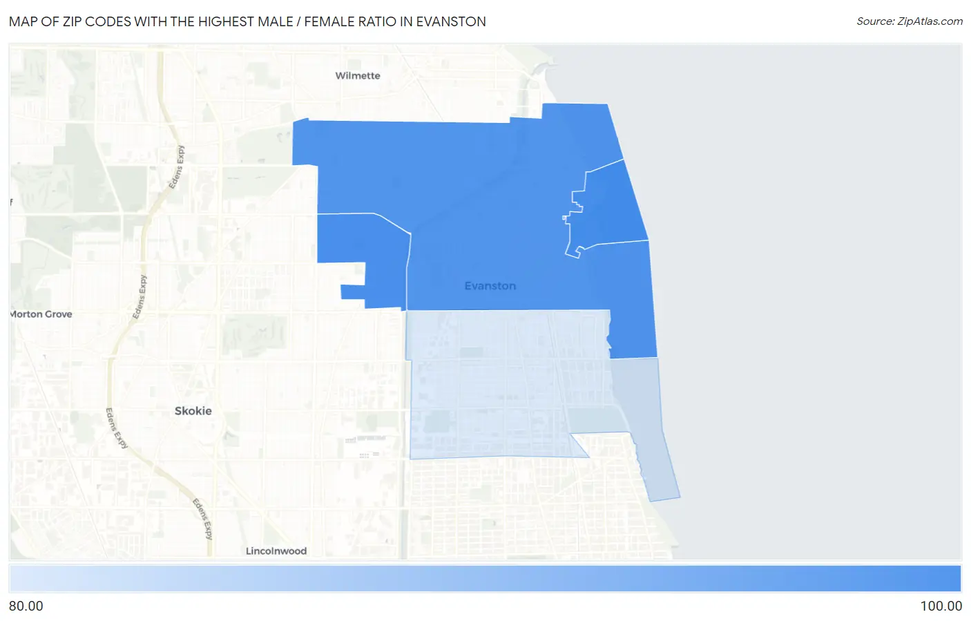 Zip Codes with the Highest Male / Female Ratio in Evanston Map