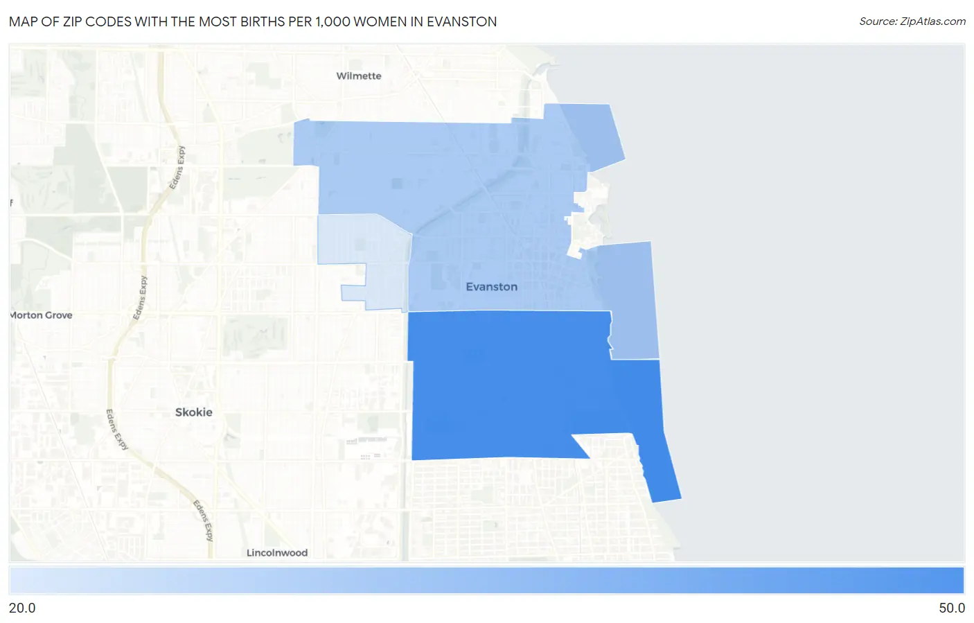 Zip Codes with the Most Births per 1,000 Women in Evanston Map