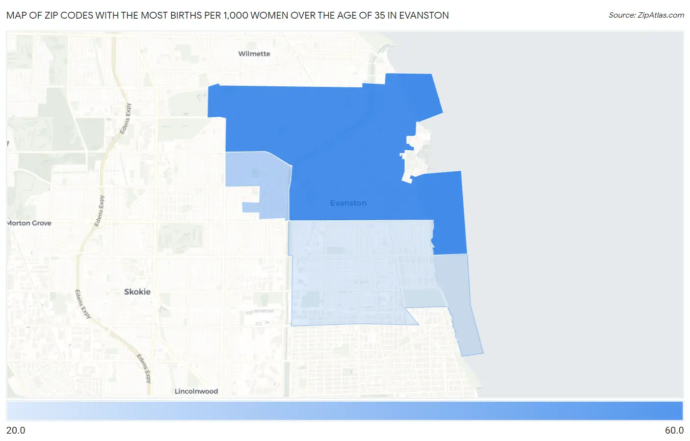 Zip Codes with the Most Births per 1,000 Women Over the Age of 35 in Evanston Map