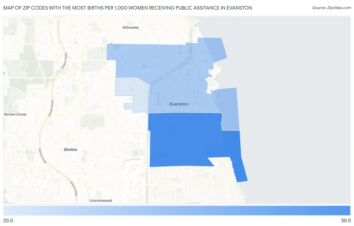 Zip Codes with the Most Births per 1,000 Women Receiving Public Assitance in Evanston Map