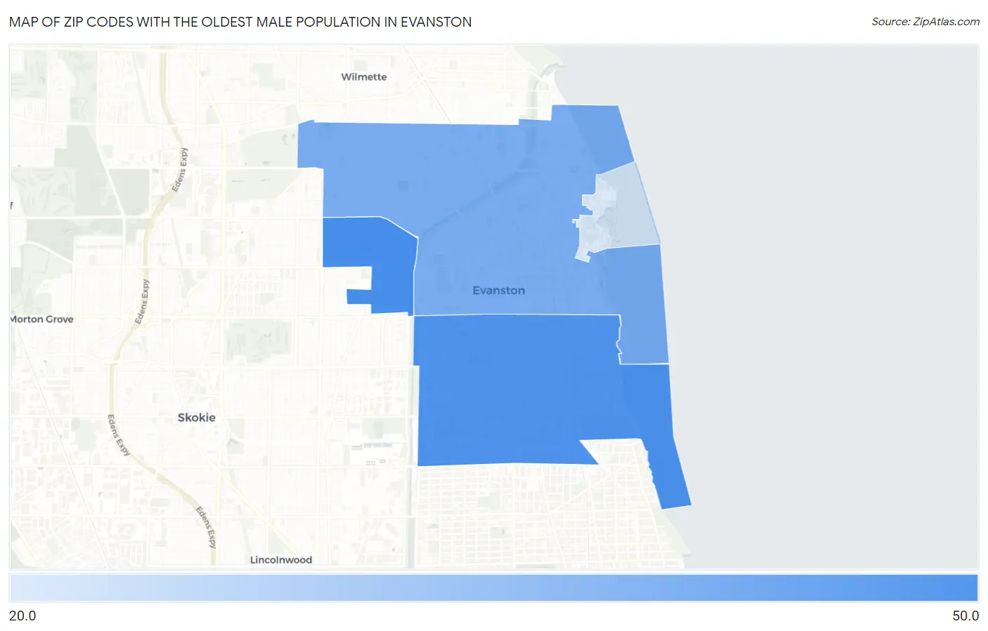 Zip Codes with the Oldest Male Population in Evanston Map