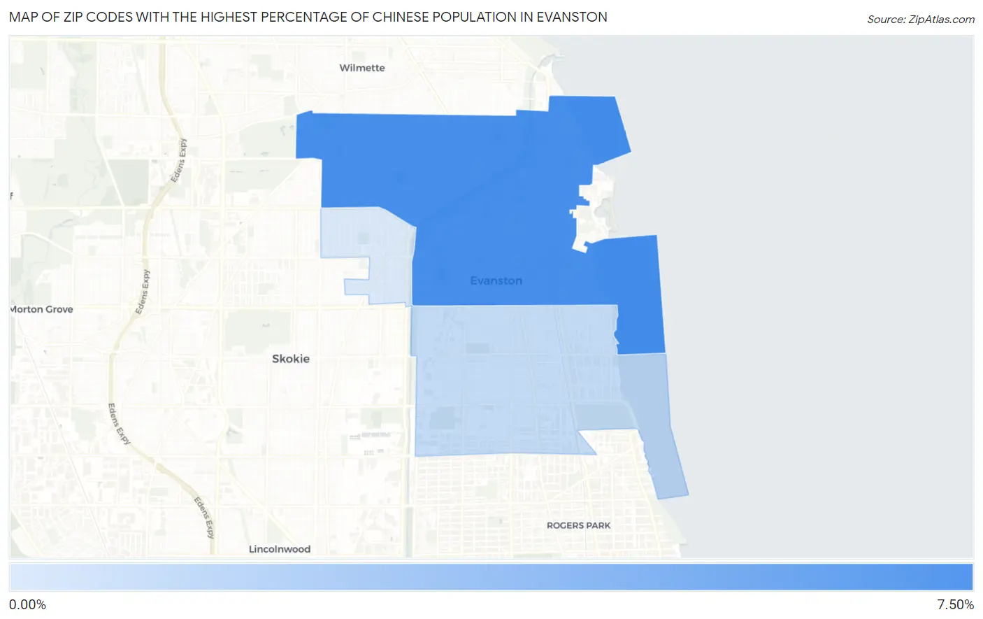 Zip Codes with the Highest Percentage of Chinese Population in Evanston Map