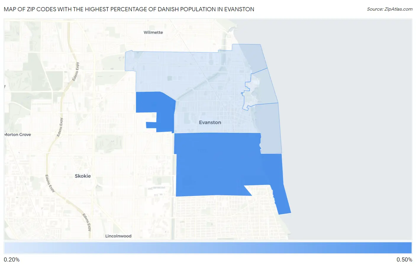 Zip Codes with the Highest Percentage of Danish Population in Evanston Map