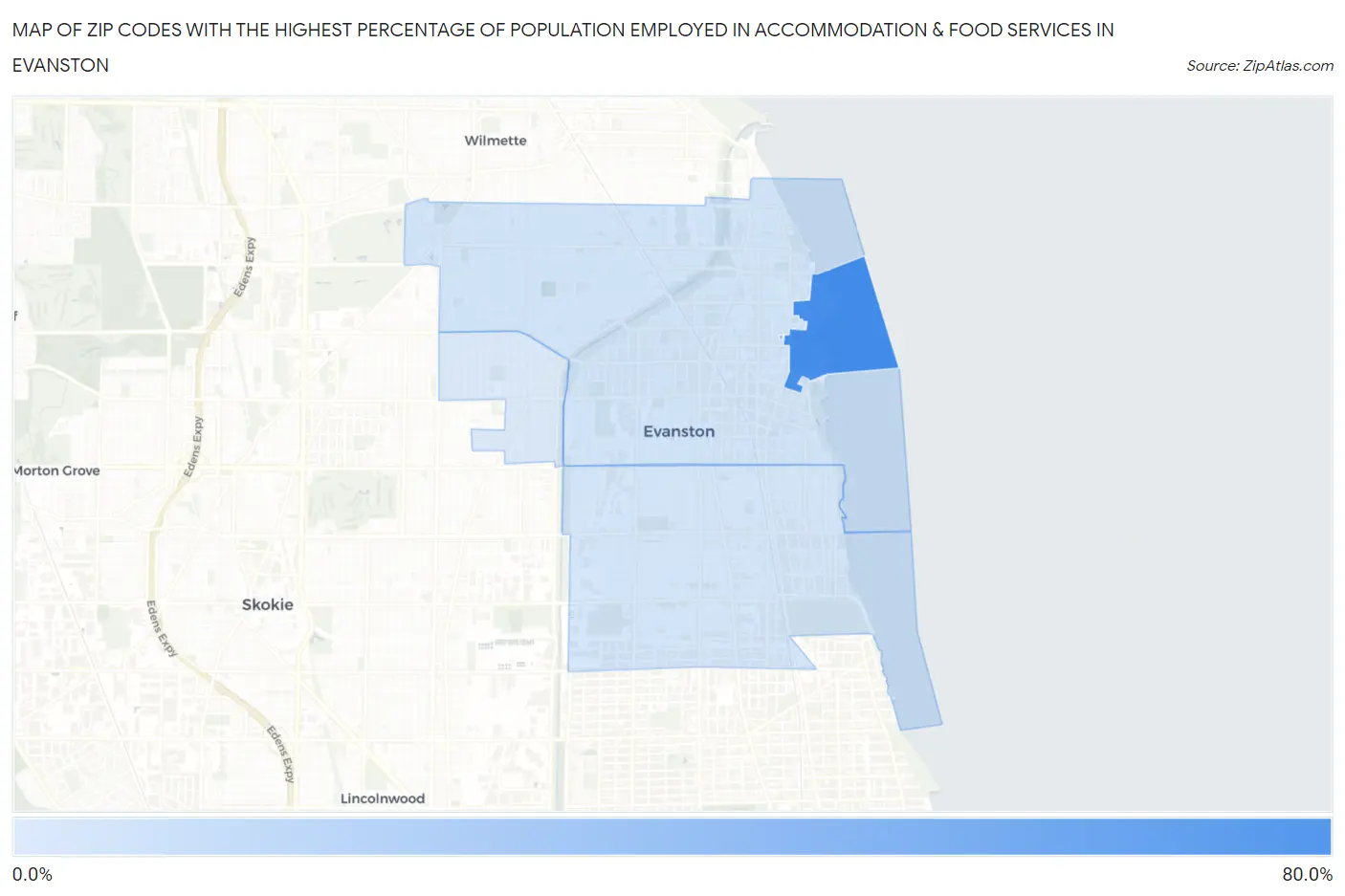 Zip Codes with the Highest Percentage of Population Employed in Accommodation & Food Services in Evanston Map
