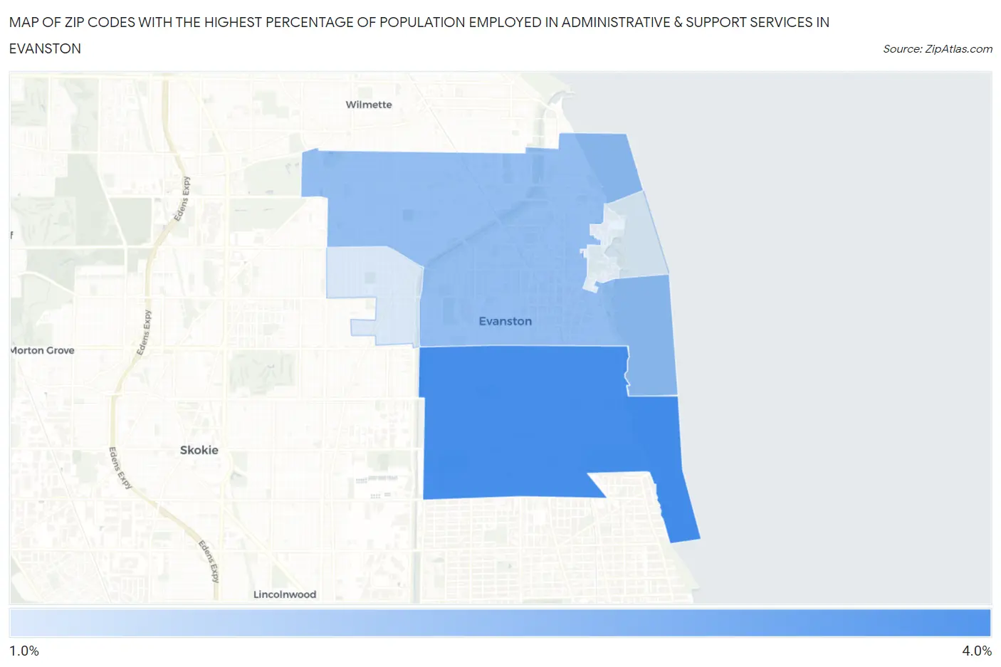 Zip Codes with the Highest Percentage of Population Employed in Administrative & Support Services in Evanston Map