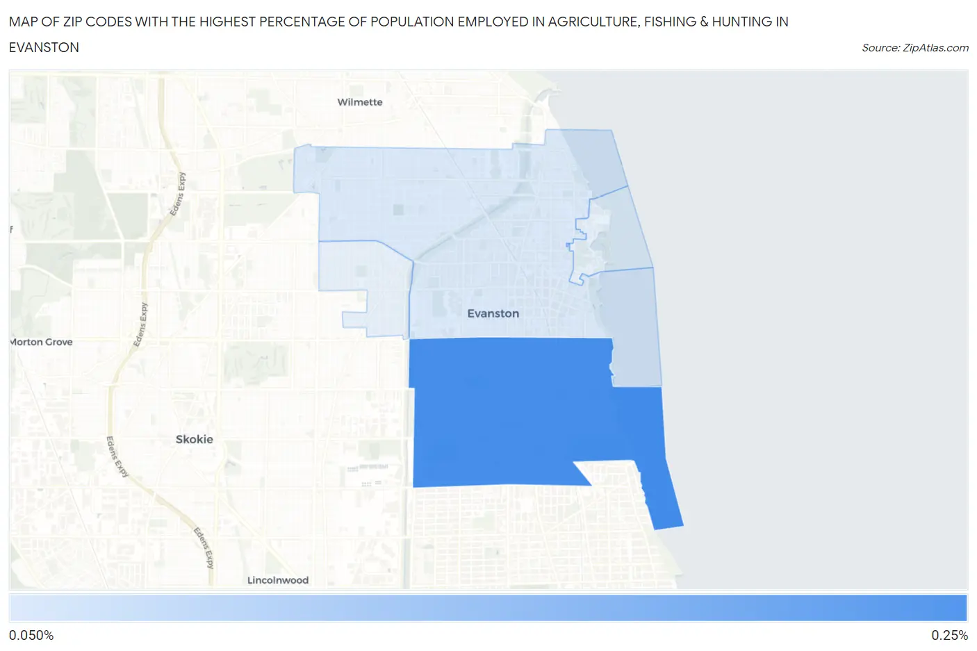 Zip Codes with the Highest Percentage of Population Employed in Agriculture, Fishing & Hunting in Evanston Map
