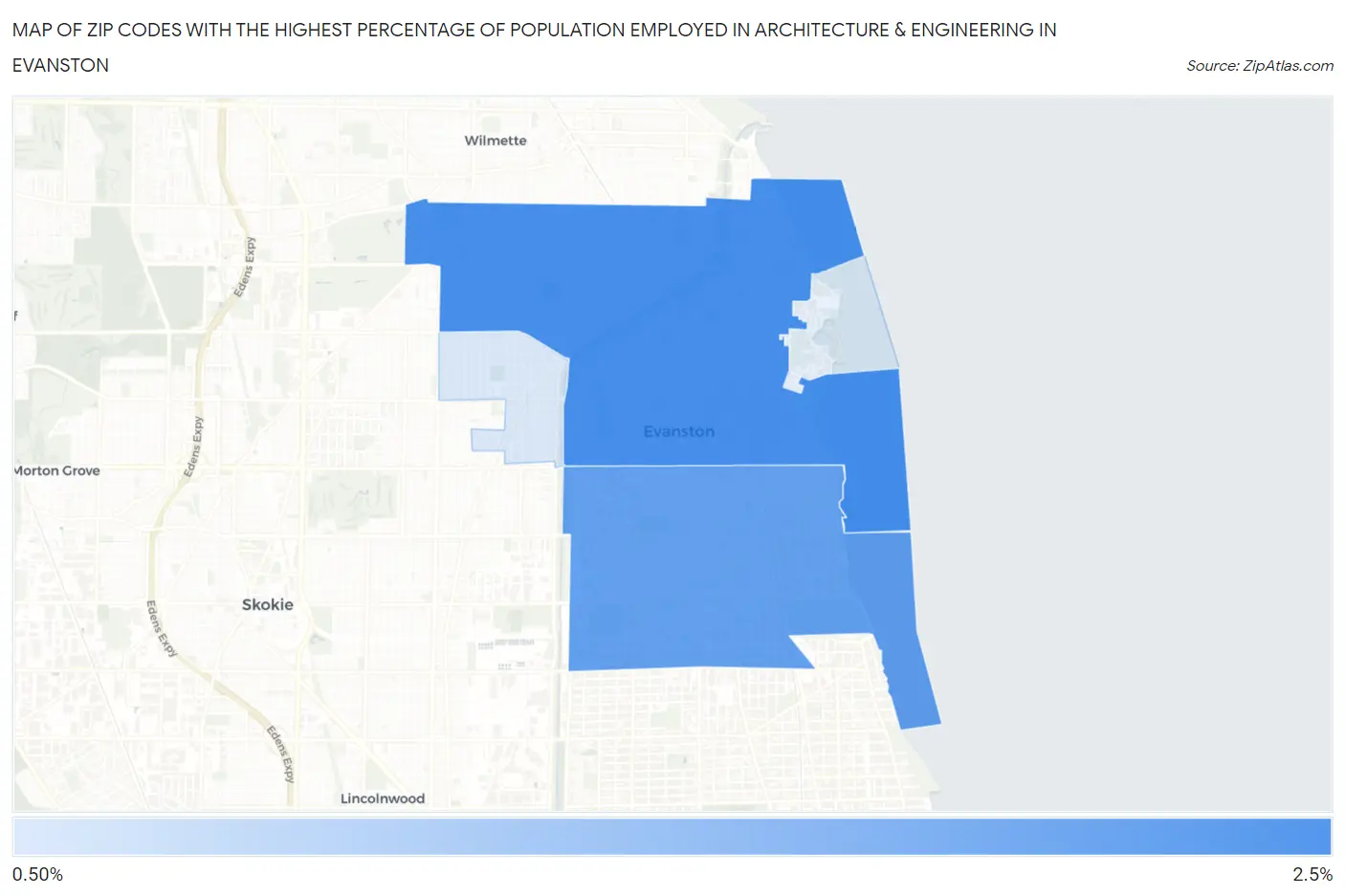 Zip Codes with the Highest Percentage of Population Employed in Architecture & Engineering in Evanston Map