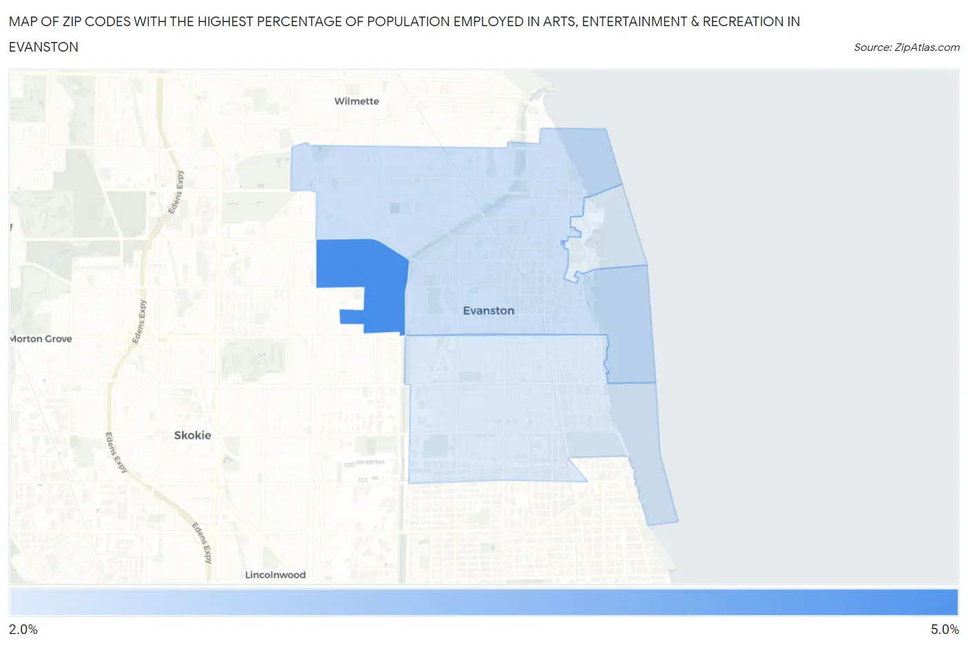 Zip Codes with the Highest Percentage of Population Employed in Arts, Entertainment & Recreation in Evanston Map