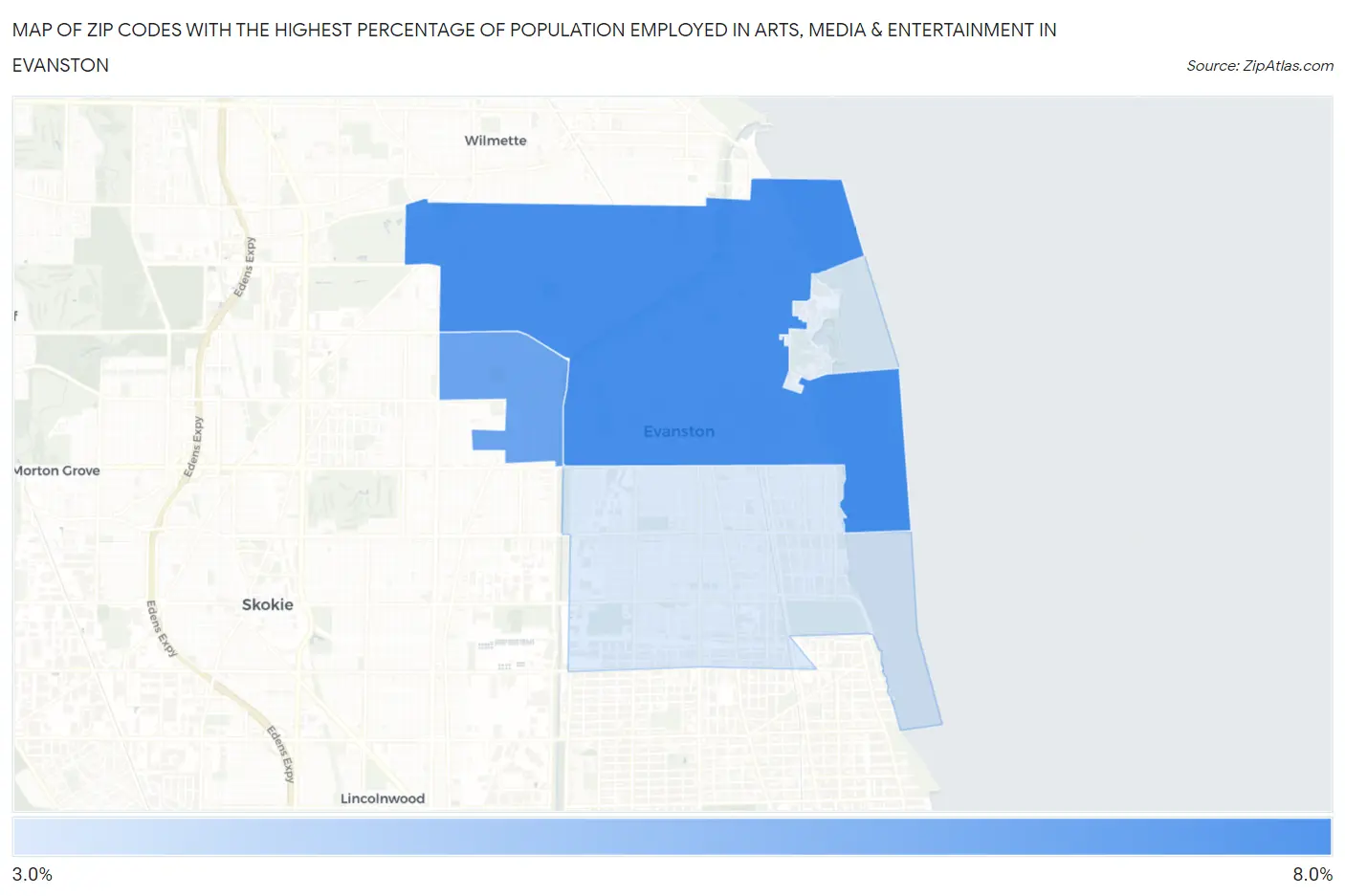 Zip Codes with the Highest Percentage of Population Employed in Arts, Media & Entertainment in Evanston Map