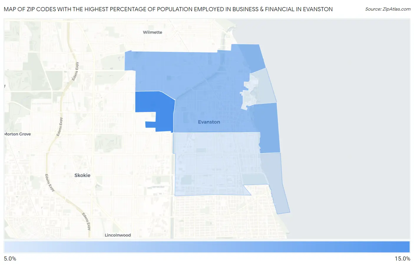 Zip Codes with the Highest Percentage of Population Employed in Business & Financial in Evanston Map