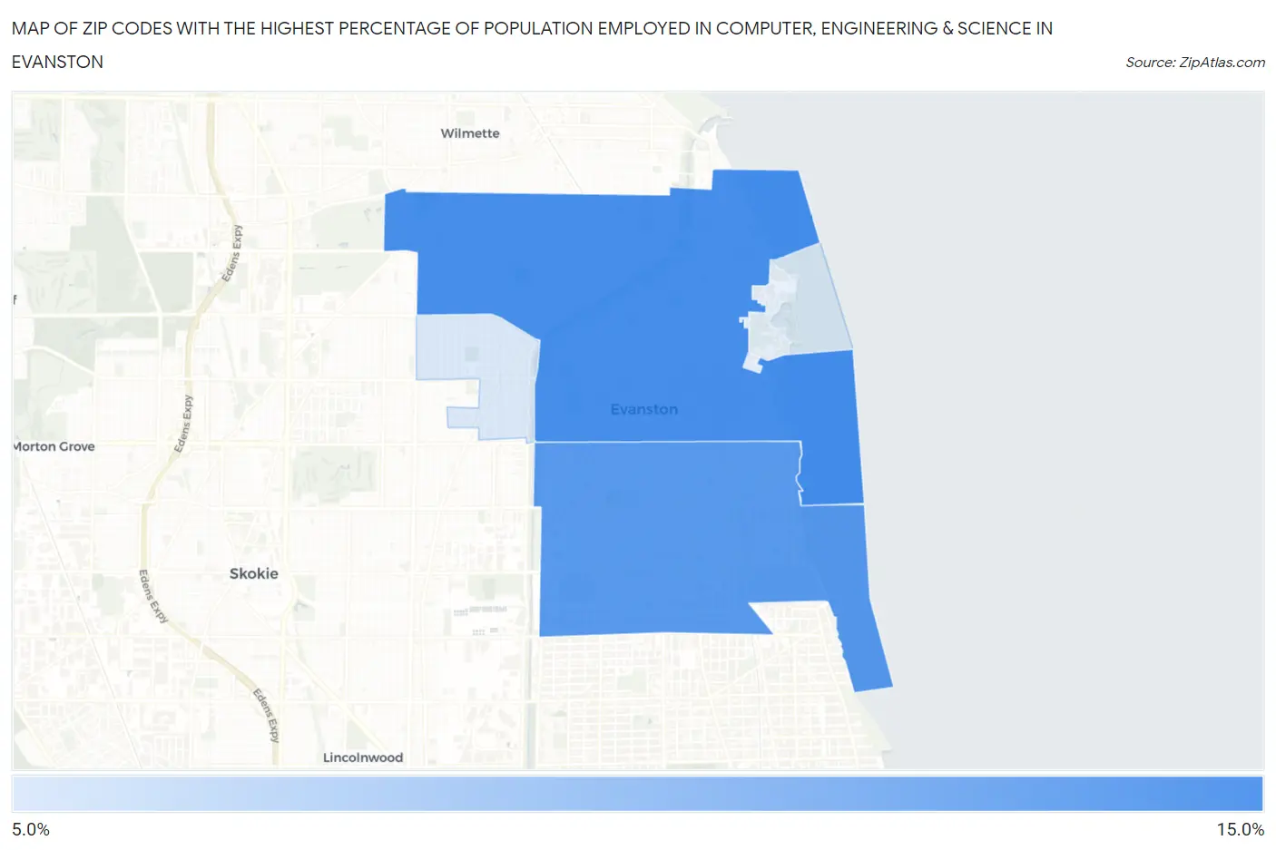 Zip Codes with the Highest Percentage of Population Employed in Computer, Engineering & Science in Evanston Map