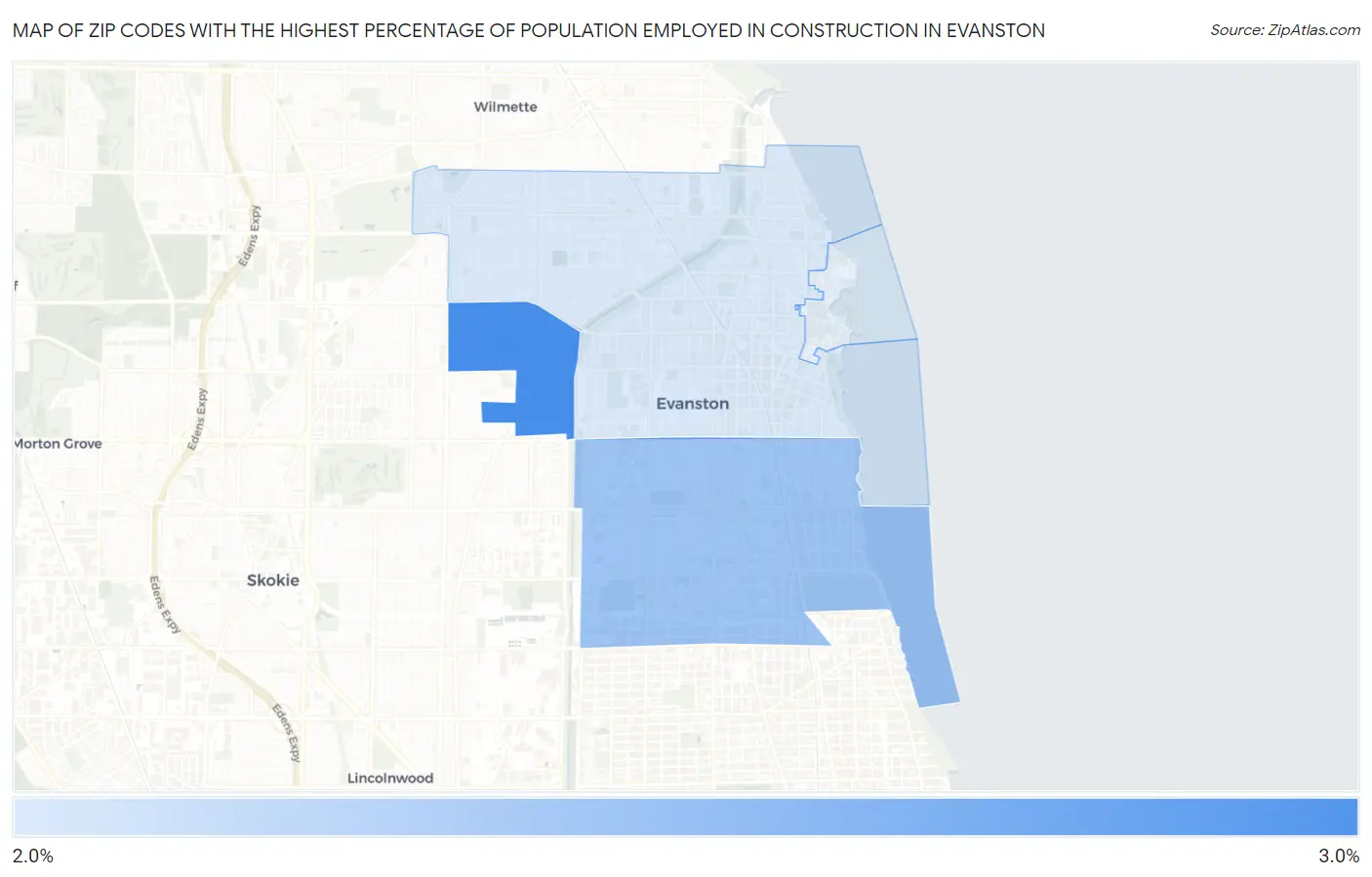 Zip Codes with the Highest Percentage of Population Employed in Construction in Evanston Map