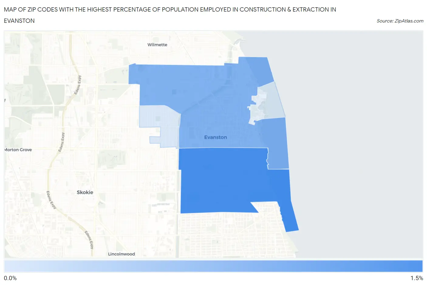 Zip Codes with the Highest Percentage of Population Employed in Construction & Extraction in Evanston Map