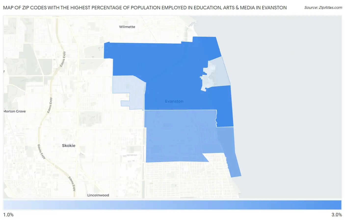Zip Codes with the Highest Percentage of Population Employed in Education, Arts & Media in Evanston Map