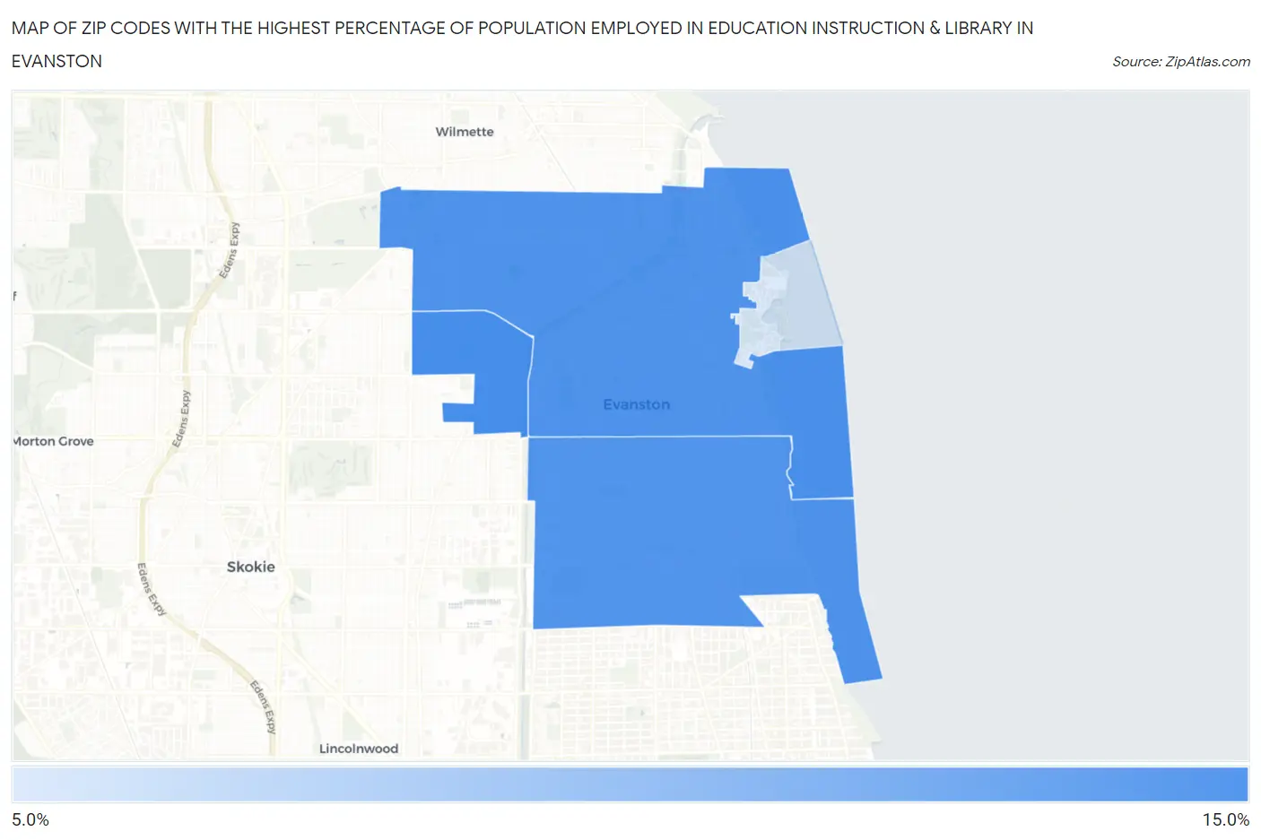 Zip Codes with the Highest Percentage of Population Employed in Education Instruction & Library in Evanston Map