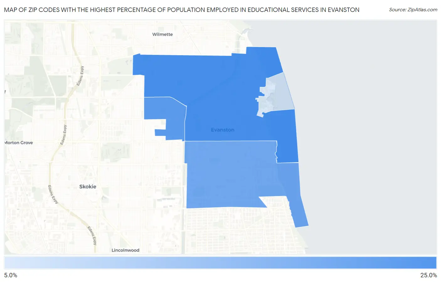 Zip Codes with the Highest Percentage of Population Employed in Educational Services in Evanston Map