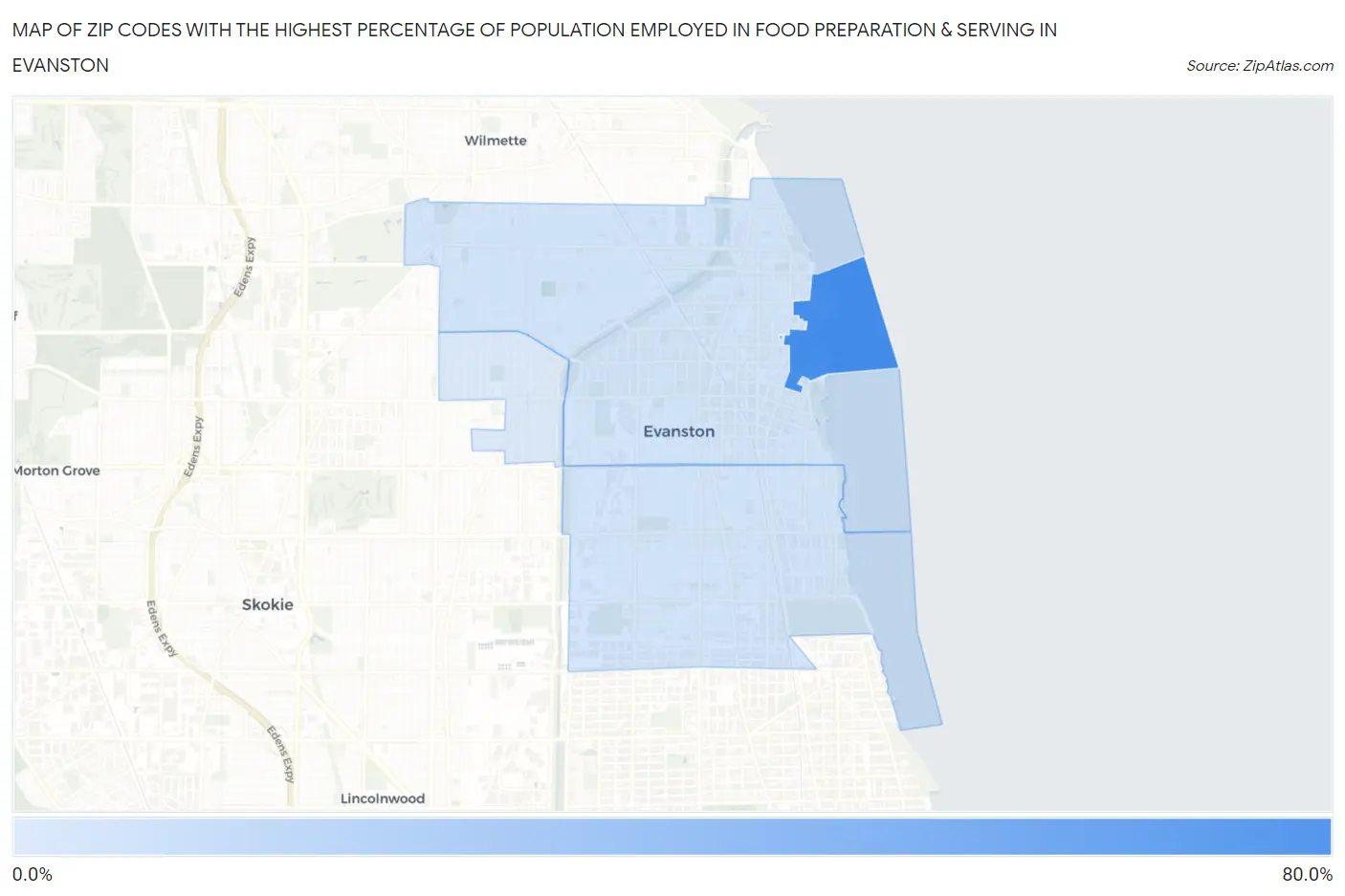 Zip Codes with the Highest Percentage of Population Employed in Food Preparation & Serving in Evanston Map
