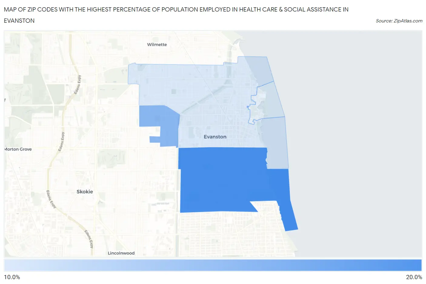 Zip Codes with the Highest Percentage of Population Employed in Health Care & Social Assistance in Evanston Map
