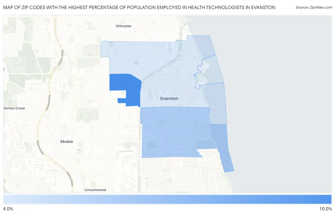 Zip Codes with the Highest Percentage of Population Employed in Health Technologists in Evanston Map