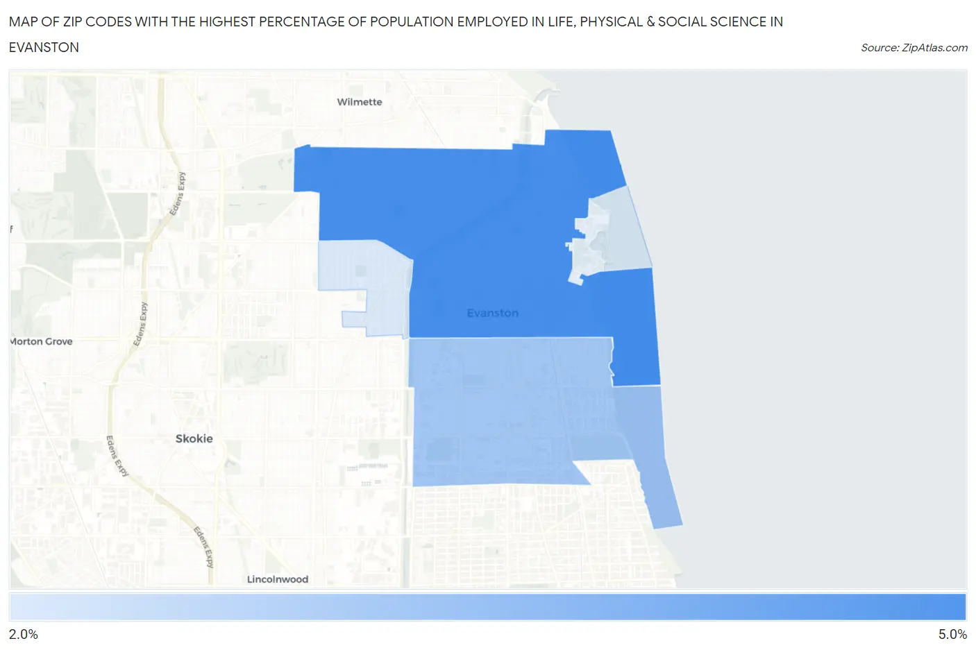 Zip Codes with the Highest Percentage of Population Employed in Life, Physical & Social Science in Evanston Map