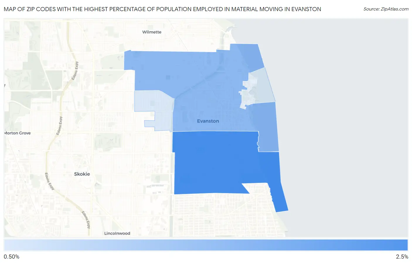 Zip Codes with the Highest Percentage of Population Employed in Material Moving in Evanston Map