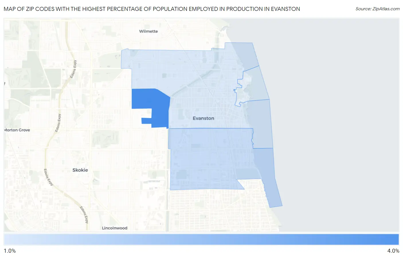 Zip Codes with the Highest Percentage of Population Employed in Production in Evanston Map