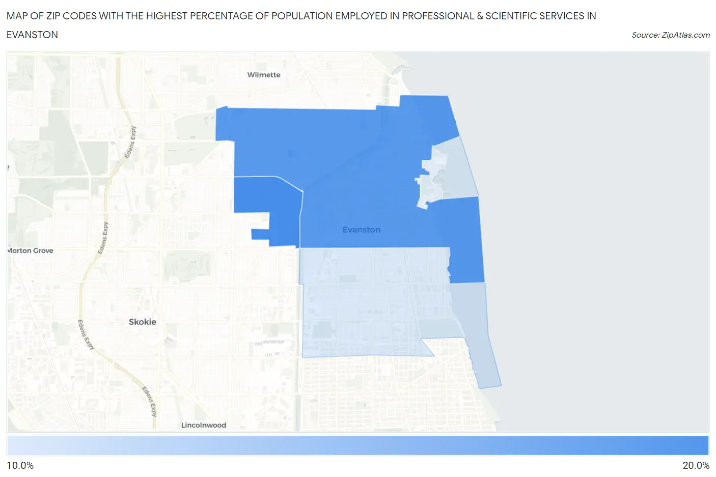 Zip Codes with the Highest Percentage of Population Employed in Professional & Scientific Services in Evanston Map