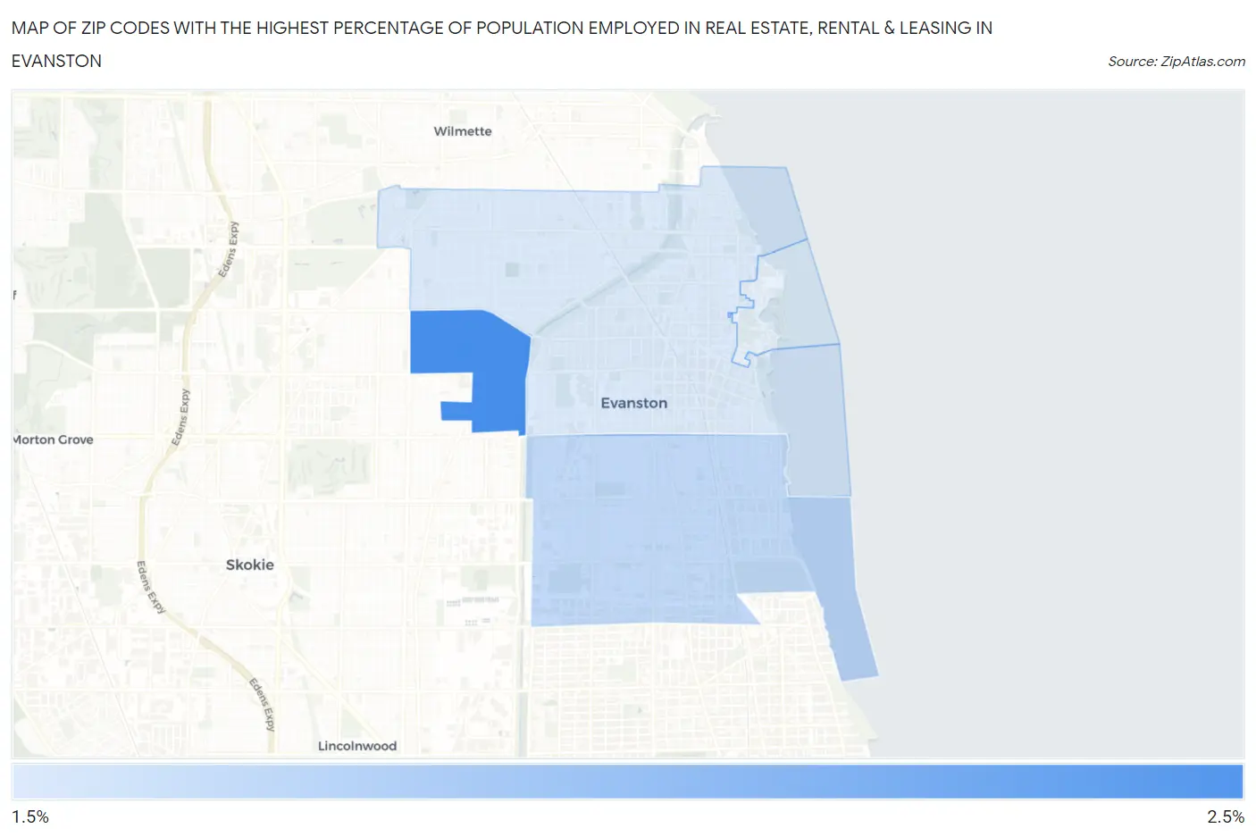 Zip Codes with the Highest Percentage of Population Employed in Real Estate, Rental & Leasing in Evanston Map