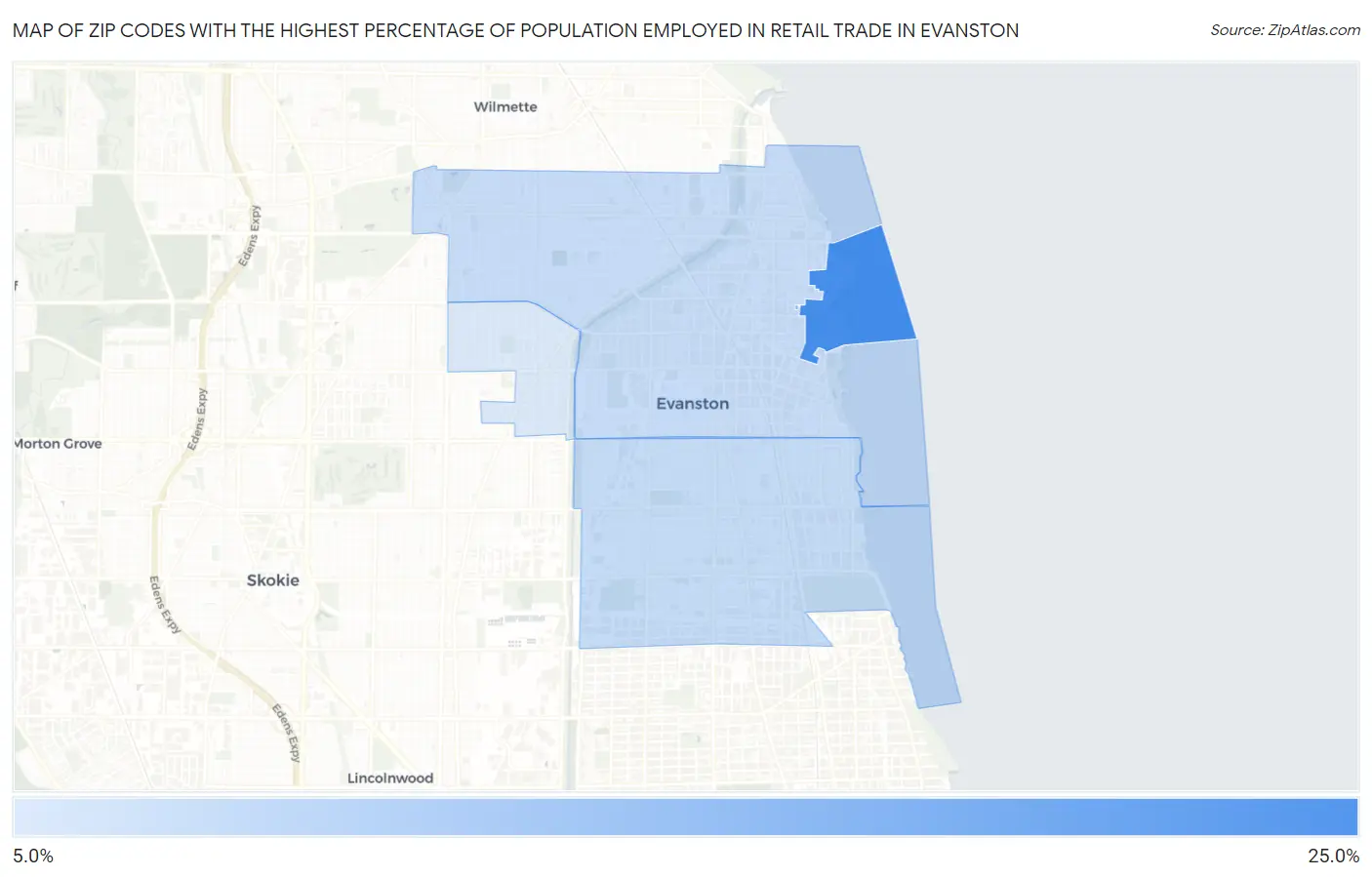 Zip Codes with the Highest Percentage of Population Employed in Retail Trade in Evanston Map