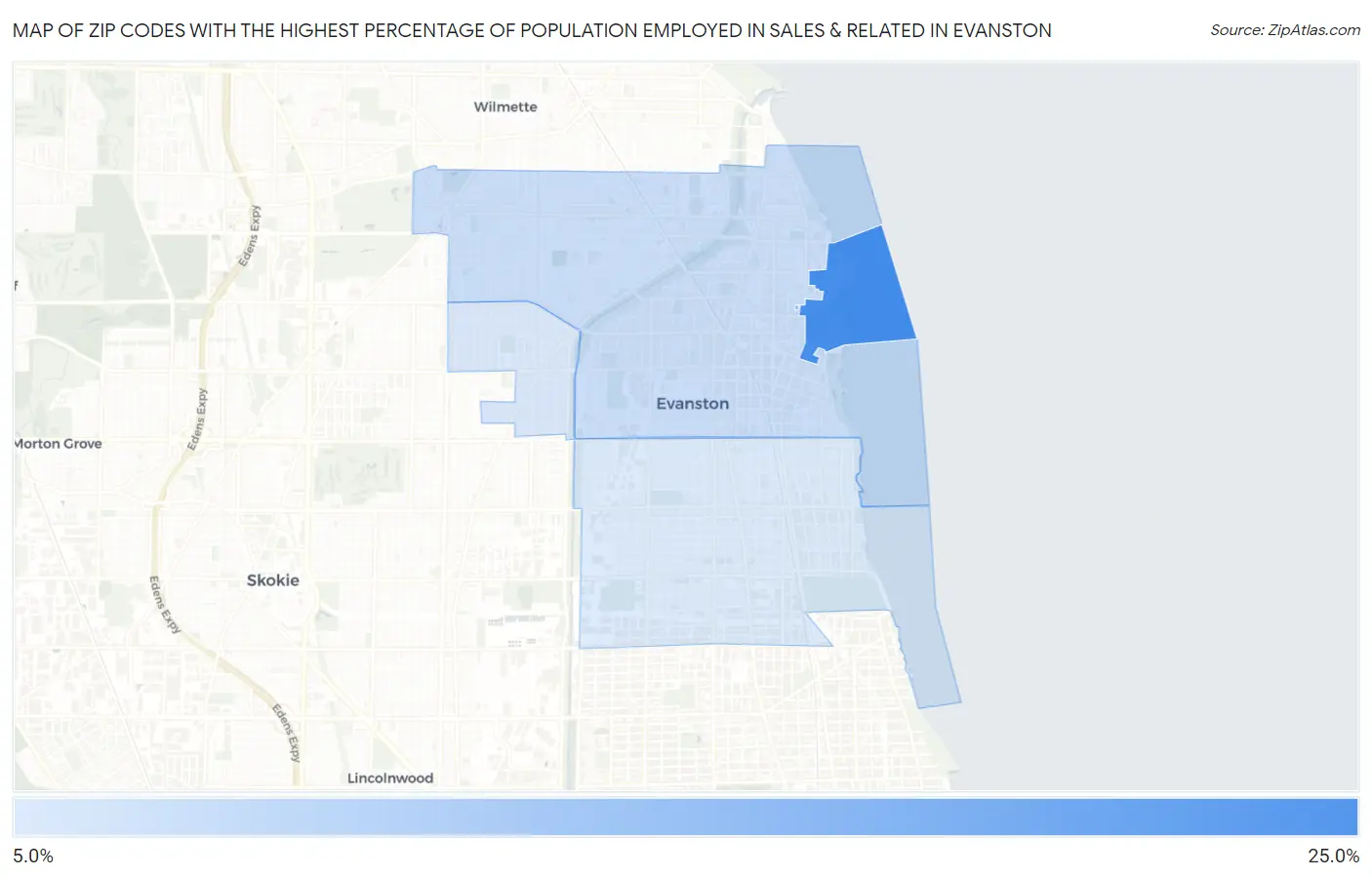 Zip Codes with the Highest Percentage of Population Employed in Sales & Related in Evanston Map