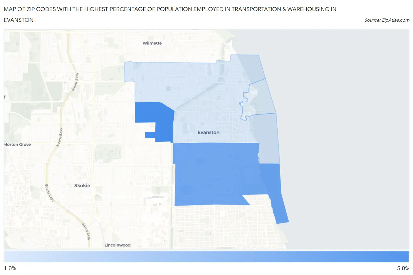 Zip Codes with the Highest Percentage of Population Employed in Transportation & Warehousing in Evanston Map