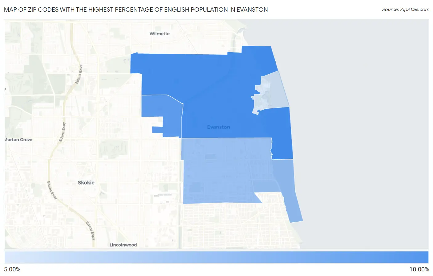 Zip Codes with the Highest Percentage of English Population in Evanston Map