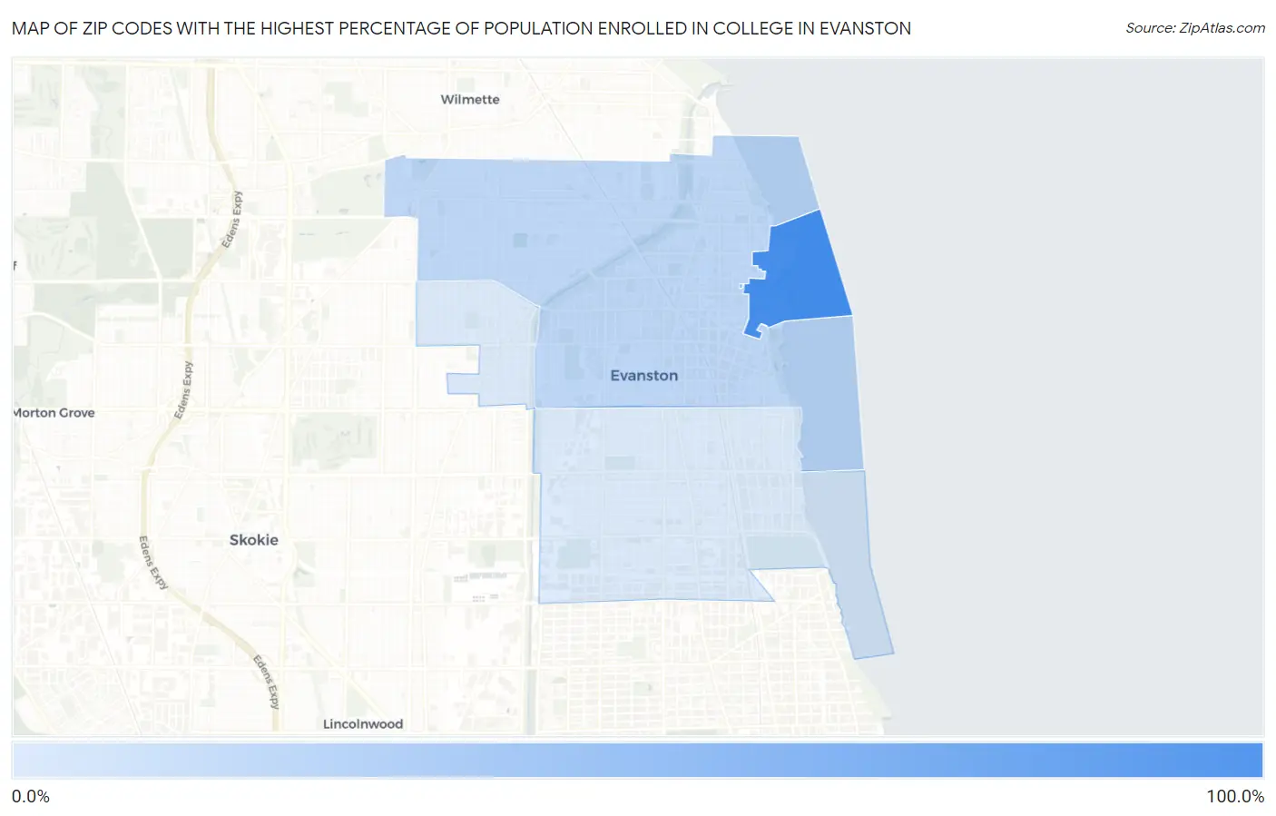 Zip Codes with the Highest Percentage of Population Enrolled in College in Evanston Map