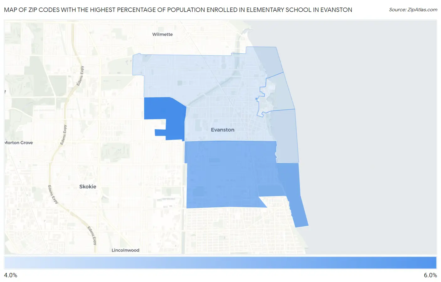 Zip Codes with the Highest Percentage of Population Enrolled in Elementary School in Evanston Map
