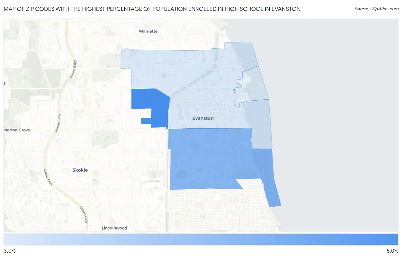 Zip Codes with the Highest Percentage of Population Enrolled in High School in Evanston Map