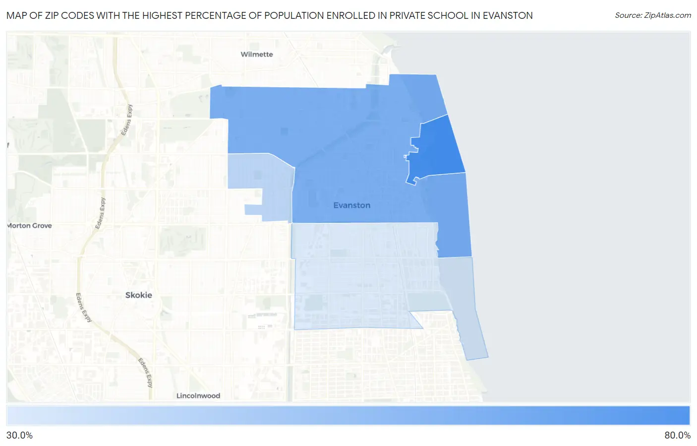 Zip Codes with the Highest Percentage of Population Enrolled in Private School in Evanston Map