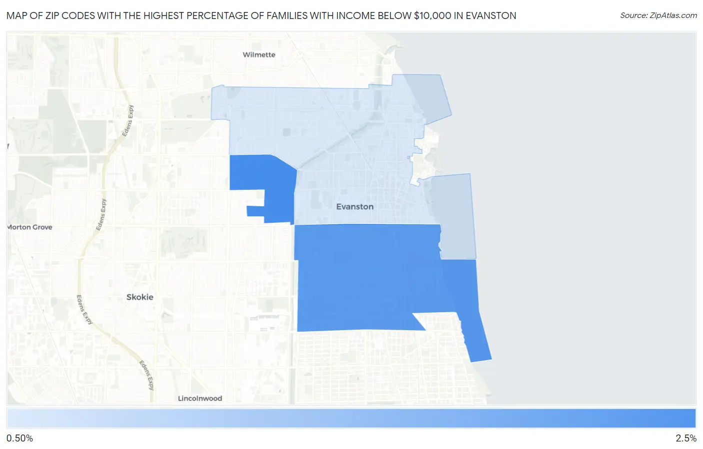 Zip Codes with the Highest Percentage of Families with Income Below $10,000 in Evanston Map