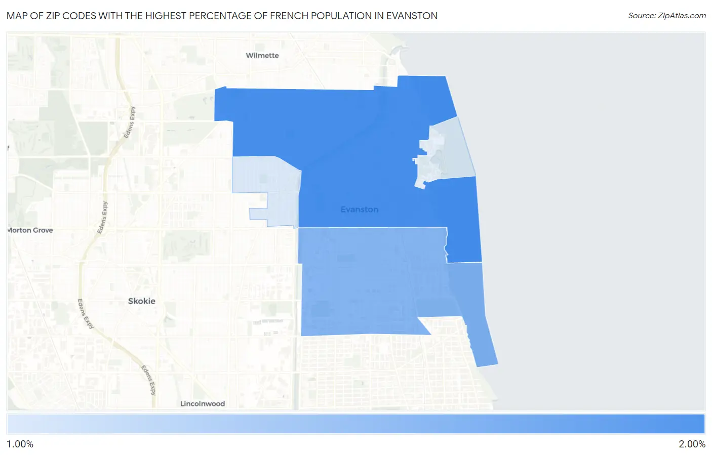 Zip Codes with the Highest Percentage of French Population in Evanston Map