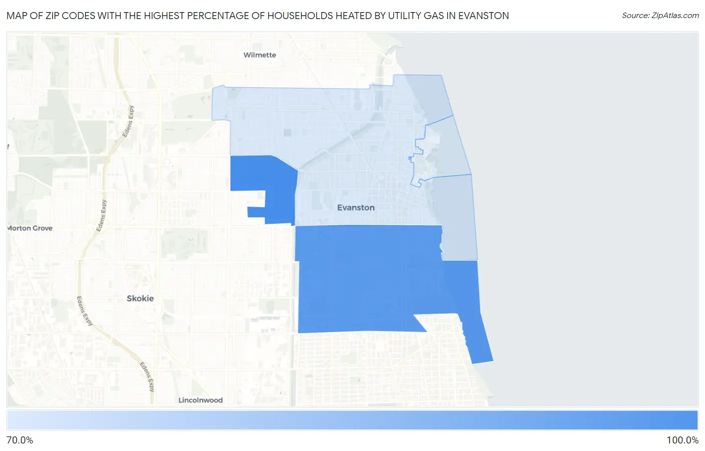 Zip Codes with the Highest Percentage of Households Heated by Utility Gas in Evanston Map
