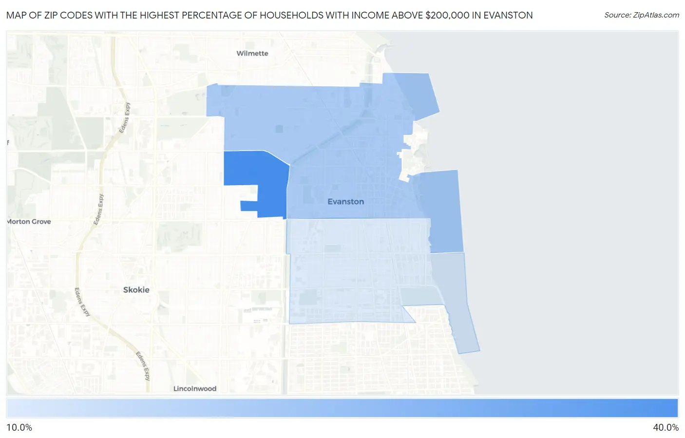 Zip Codes with the Highest Percentage of Households with Income Above $200,000 in Evanston Map