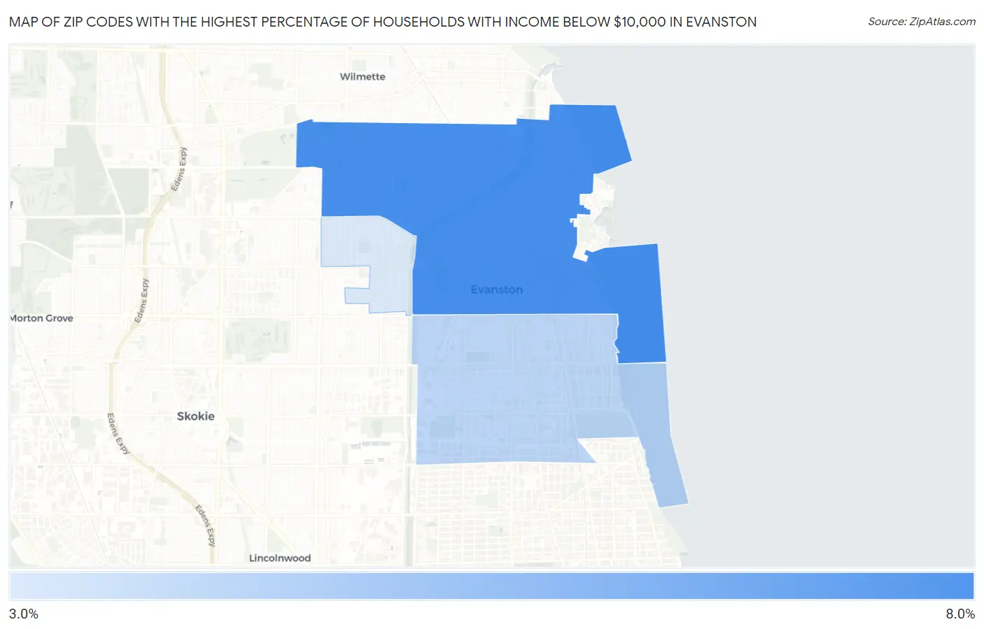 Zip Codes with the Highest Percentage of Households with Income Below $10,000 in Evanston Map