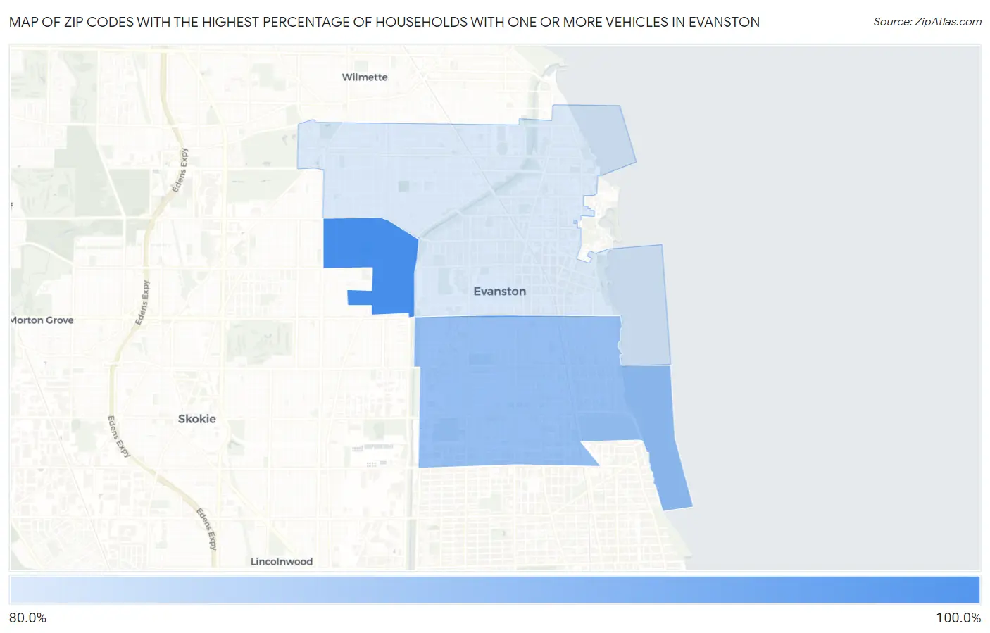 Zip Codes with the Highest Percentage of Households With One or more Vehicles in Evanston Map