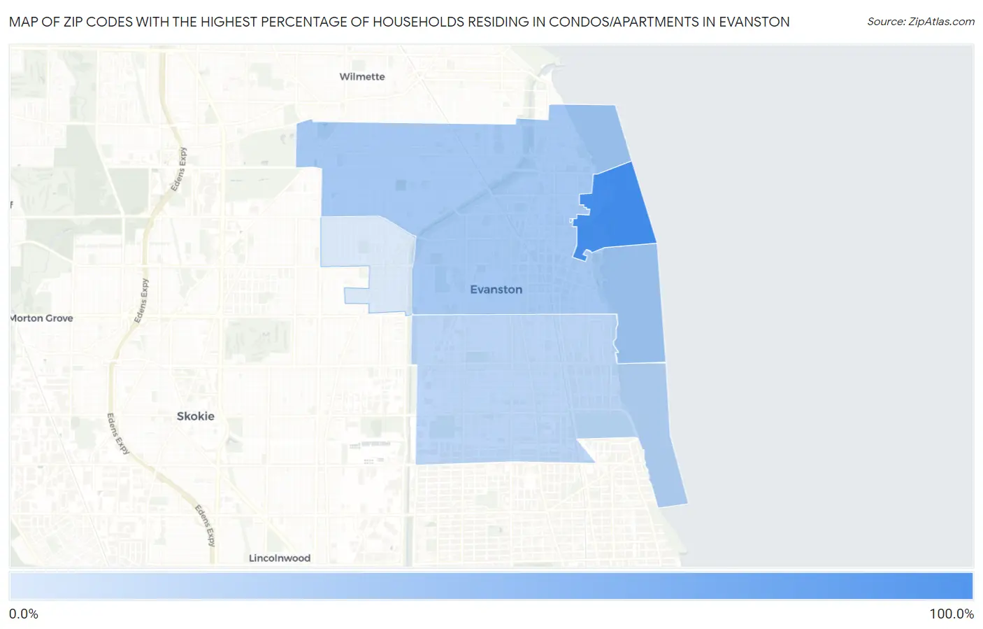 Zip Codes with the Highest Percentage of Households Residing in Condos/Apartments in Evanston Map