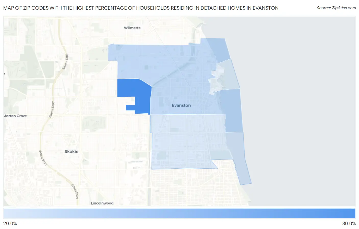 Zip Codes with the Highest Percentage of Households Residing in Detached Homes in Evanston Map