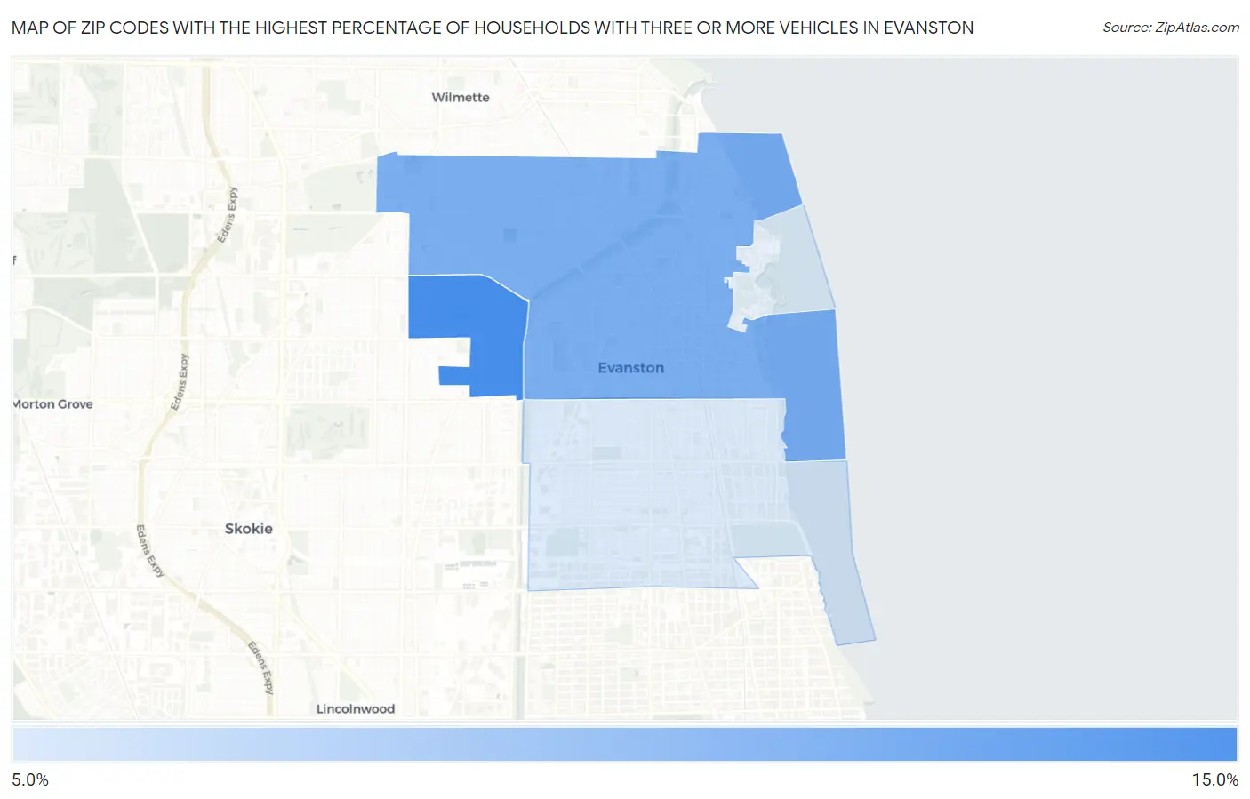 Zip Codes with the Highest Percentage of Households With Three or more Vehicles in Evanston Map