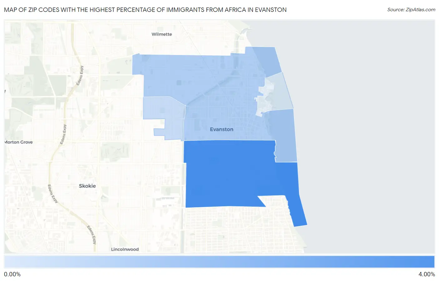 Zip Codes with the Highest Percentage of Immigrants from Africa in Evanston Map