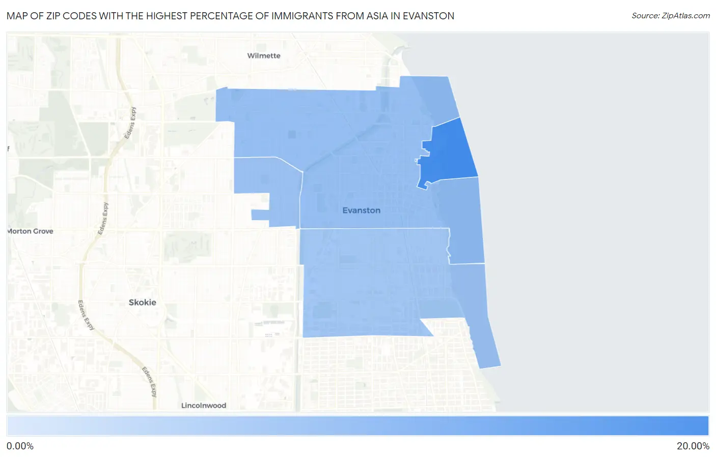 Zip Codes with the Highest Percentage of Immigrants from Asia in Evanston Map