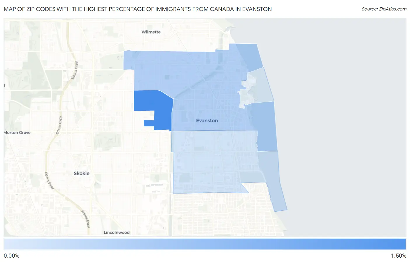 Zip Codes with the Highest Percentage of Immigrants from Canada in Evanston Map