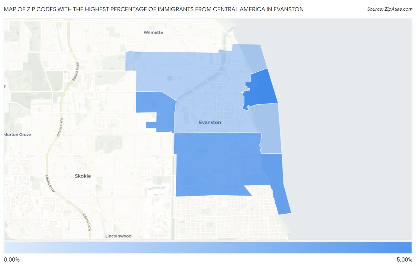 Zip Codes with the Highest Percentage of Immigrants from Central America in Evanston Map