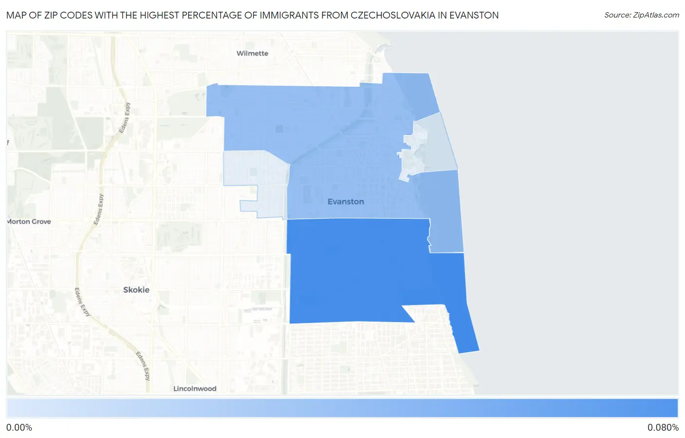 Zip Codes with the Highest Percentage of Immigrants from Czechoslovakia in Evanston Map